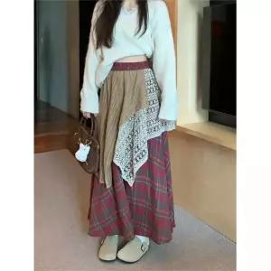 포뇨 스커트 여친 롱 펀칭 레이스 체크 해변 바캉스룩 슬림핏 언밸런스 OPH1