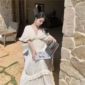 타노스여사친 원피스 여름 데일리룩 쉬폰 프렌치 소프트 브이넥 해변 바캉스 롱스커트 KUK1