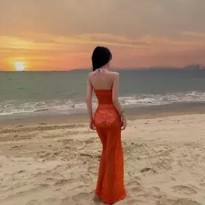 손오반 여성 치마 원피스 롱 레이스 시스루 데일리룩 톱 비치 오렌지 해변 셔링 펀칭 백 KUK1