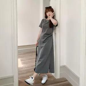 와칸다 여사친 원피스 스커트 쉬폰 루스 슬립온 주름 허리라인 빅사이즈 트임 A라인 KKE5