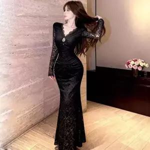 원피스 봄 여자 브이넥 롱스커트 레이스 러블리한 프렌치 힙스터 머메이드 드레스 인기1