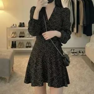 브이넥 랩 땡땡이 미니 원피스 도트 패턴 여성 데이트룩 여름원피스