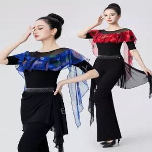 여성 라틴 방송 댄스상의 왈츠 사교 모던댄스복 라인댄스옷 세트