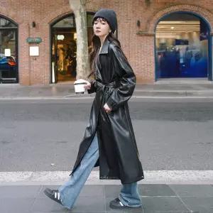 EAMT 블랙 빈티지 트렌치코트 여자코트 롱코트 봄가을 스트링 pu가죽 YJ3