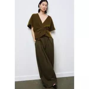 ZARA 드레이프 니트 쇼트 슬리브 스웨터 - 카키-지중해 {QHJ}