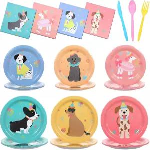 아프카바킬라 144Pcs 반려견 생일 파티 용품 레트로 강아지 테마 종이 접시 냅킨 포크 빈티지 얼굴 식기