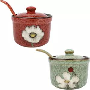 JBESUHI 2개 그린 앤 레드 레트로 핸드 페인팅 플라워 세라믹 설탕 그릇 숟가락 포함 - 둥근 도자기 향신료