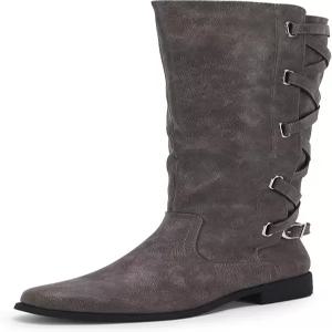 코트고 여성 스업 무릎 하이 부츠 오토바이 라이딩 플랫 로우 힐 스트래피 겨울 전투화