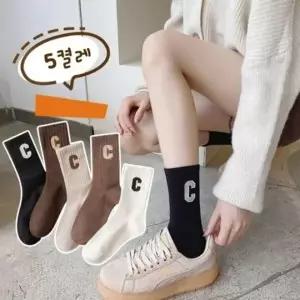 (색상 LN C레터링중목양말5종세트)여성 중목 양말 봄 가을용 스타일리시 흰 긴 양말 선물 봄 가을