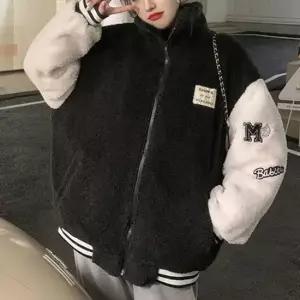 [라일리여성의류] Rly 뽀글이 후리스 배색 양털 오버핏 바시티 집업 자