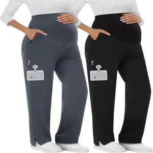 스위티위 2팩 여성용 산부인과 스크럽 팬츠 6포켓 임신 작업복 신축성 스트레이트 레그 카고 팬츠(블랙