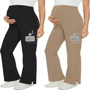 벨브홀 2팩 여성용 산부인과 스크럽 팬츠 와이드 레그 임신 카고 배 위 신축성 있는 간호사용 바지(블랙