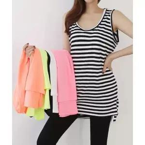 [하프클럽/]빅사이즈 남여공용 옆트임 레이어드 언발 롱 나시 스트라이프