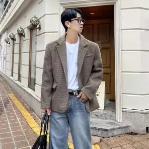 남자 겨울 오버핏 블레이져 울 체크 마이