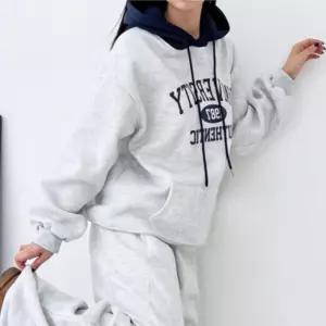 여자 레터링 기모 배색 후드티 와이드 스트링 트레이닝 세트