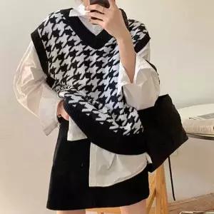 여성 봄 조끼 데일리 오버핏 간절기 여성 체크 조끼 출근 가을 레이어드 루즈핏 브이넥 니트 웨어