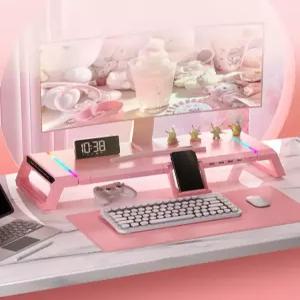 컴퓨터 모니터 받침대 다기능 USB 핑크 화이트