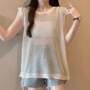 여자 시스루 레이어드 패션 그물 짜임 여름 조끼 롱조끼 트임롱 민소매 원피스 유니크한