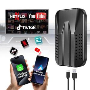 4-in-1 무선 카플레이 및 안드로이드 오토 어댑터, N-etflix / YouTube TIK Tok 스크린 미러 링크 /TF 카드, AI 박스, 플러그 앤 플레이, OEM 유선 카플레이가 장착된 자동차에 적합