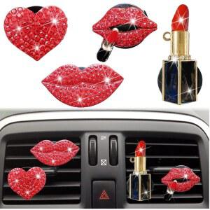 5개의 레드 립스 에어 벤트 매력 크리스탈 장식 청정기 모양 클립 하트 인테리어 공기 자동차 액세서리 여성용 귀여운