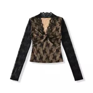 미니코코네 여사친 가을 롱루즈핏 숏 긴팔 티셔츠 레이스 시스루 브이넥 DOS3