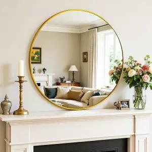 안톡 벽 거울 18인치 x 욕실 배니티 방청 HD 강화 유리 거실용 벽걸이 현관 금색 프레임 원형
