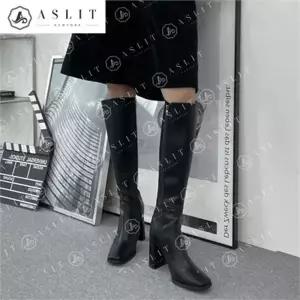 [애슬릿] 스퀘어 토 하이힐 통굽 모던 롱 부츠