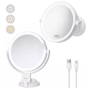 조명이 있는 10배 확대 샤워 거울 충전식 조명 매니페이션 면도 드릴 잠금 흡입 마운트 없음 양면 360°