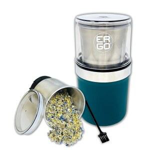 ERGO 허브 그라인더 - 전기. 탈착식(세척 가능) 스테인리스 컵과 밀폐 뚜껑이 있는 대용량. 허브와 향신료용. 꽃가루 브러시 포함