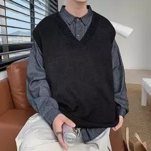 니트 조끼 남성 무지 레이어드 베이직 브이넥 오버핏_20528278_667501