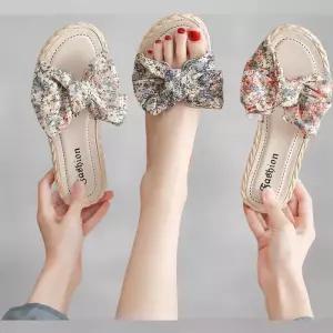 [신상오픈런]여성 라탄 리본 슬리퍼 오픈토 심플한 꽃 디자인 (35830001)