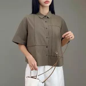 여성 무지 컬러 루즈핏 반팔 세미크롭 코튼 셔츠 (35836180)