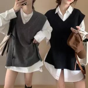[신상오픈런]여성 그레이 블랙 브이넥 니트 조끼 옆트임 키치 스타일 (41992625)