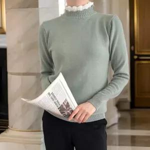 [다잇템][옷자락] 레이스 롱슬리브 무지니트 반목티셔츠 (28919659A)