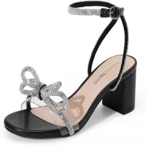 드림 페어 여성용 더블 보크노트 크리스탈 샌들 로우 청키 힐 클리어 슬링백 드레스 슈즈 웨딩 브라이덜