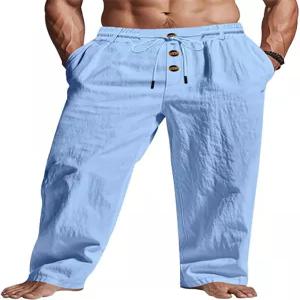 TRFIC 남성 린넨 바지 경량 드로스트링 탄력 허리 포켓 루즈핏 스트레이트 레그 여름 비치 요가