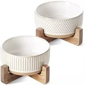 아카시아 나무 스탠드가 있는 르 타우치 펫 도그 앤 캣 볼 세트 - 고양이와 작은 개를 위한 세라믹 강아지