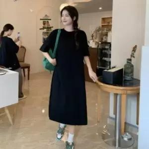 [하프클럽/]여성 라운드넥 반팔 루즈핏 사이드슬릿 체형보완 롱드레스