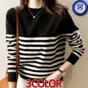 여성 봄가을 겨울 KARA 카라 프랑스 레트로필 스트라이프 라운드넥 니트티 3칼라 /3