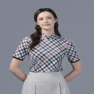 [닥스 골프 여성] [25SS] DNTS5B906I2여성 베이지 체크 하이넥 반팔 티셔츠