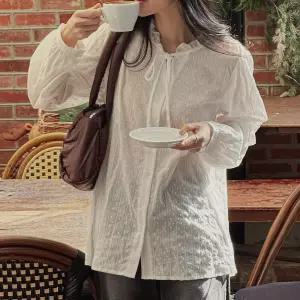 프릴 라운드넥 리본끈 레이스 블라우스 여성 빅사이즈