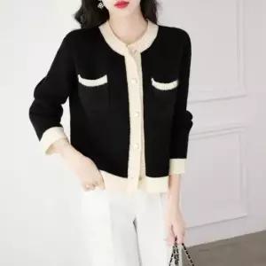 데일리룩 예쁜 배색 도톰 아우터 여성 러블리 가디건 블랙