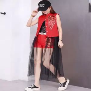 스팽글 무대의상 반짝이 조끼 댄스 블랙 반바지 단체복 메쉬 세트 아랑고고장구 난타