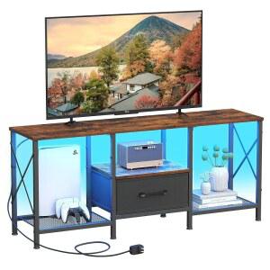 패브릭 서랍이 있는 JARHETUN LED TV 스탠드, 55인치 TV 50대용 엔터테인먼트 센터, 거실, 침실, 러스틱 브라운을 위한 개방형 수납 선반이 있는 산업용 TV 콘솔 테이블