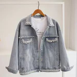 [잇수다] 블링블 진주 루즈핏 카라 데님 자켓