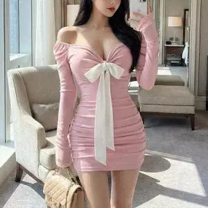 여성 로맨틱 파티 스타일 셔링 오프숄더 드레스