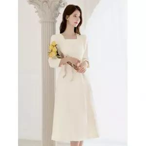 시크라인 ~XXL까지 스퀘어넥 핀턱 퍼프 슬리브 골드 체인 플레어 원피스 가을 하객룩 오피스룩 모임룩 격식