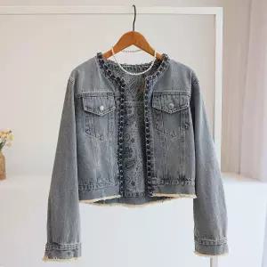 [잇수다] 셀바츠 트위드 라인배색 노카라 라운드 데님 자켓