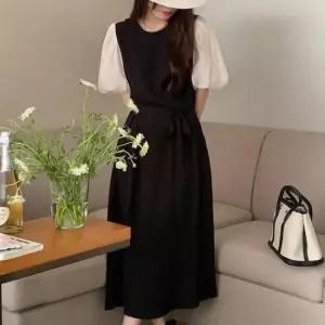 가을롱원피스 여자 심플 퍼프 라운드넥 단아한무드 반팔 롱원피스