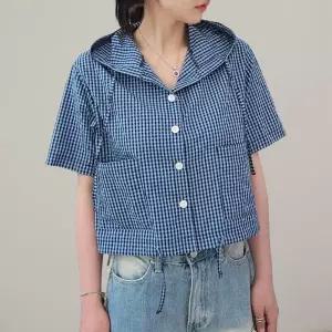 [신상오픈런]여성 체크 포켓 크롭 박스 반팔 후드 셔츠 (34325835)